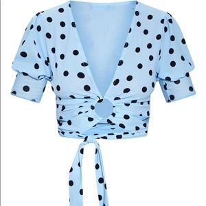 Blue Polka dot Ring detail wrap blouse